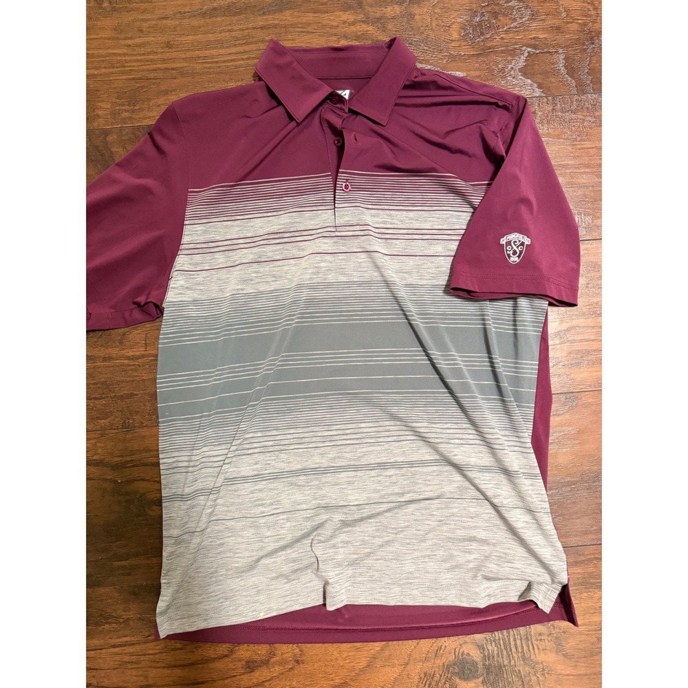 Ahead USA Mens‎ Burgundy Grey Striped Golf Polo Springfield CC 1896 Crest Medium